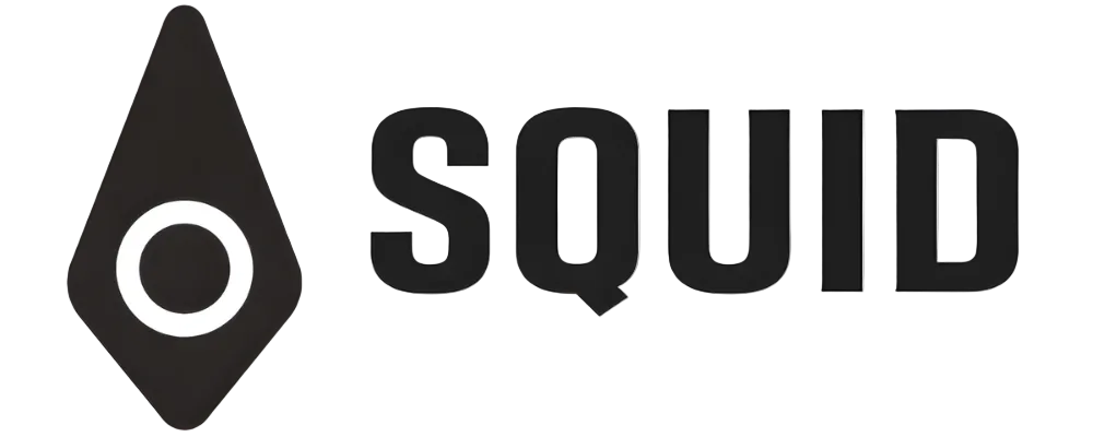 Black 'SQUID' logo with a stylized squid icon on a transparent background